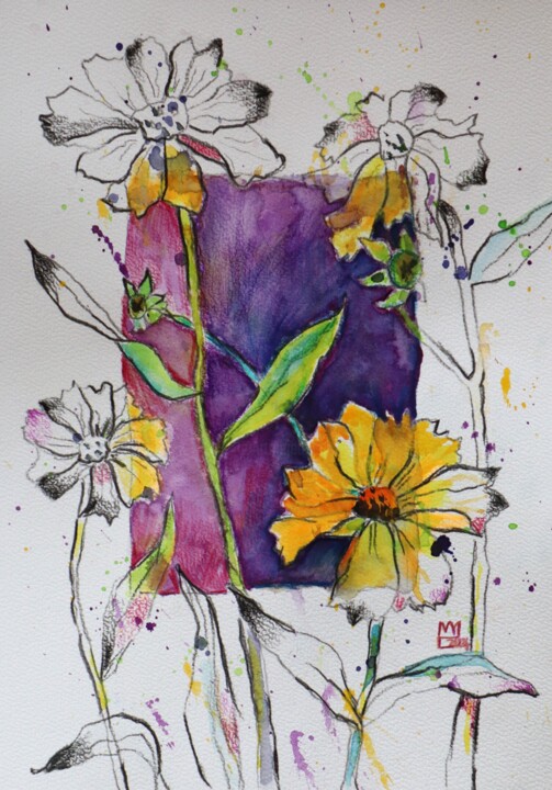Expressive Blumen in Gelb 绘画, 11.7x8.2 in