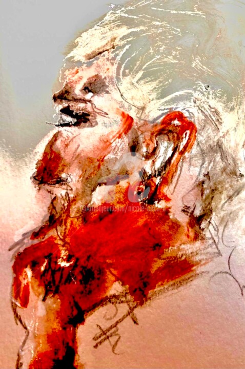 Painting titled "H loves Red" by Nicole Cecil B, Original Artwork, Watercolor