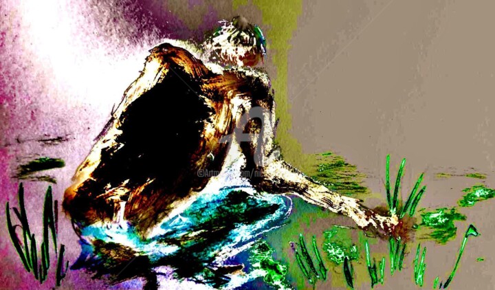 Painting titled "J is picking Grass" by Nicole Cecil B, Original Artwork, Watercolor
