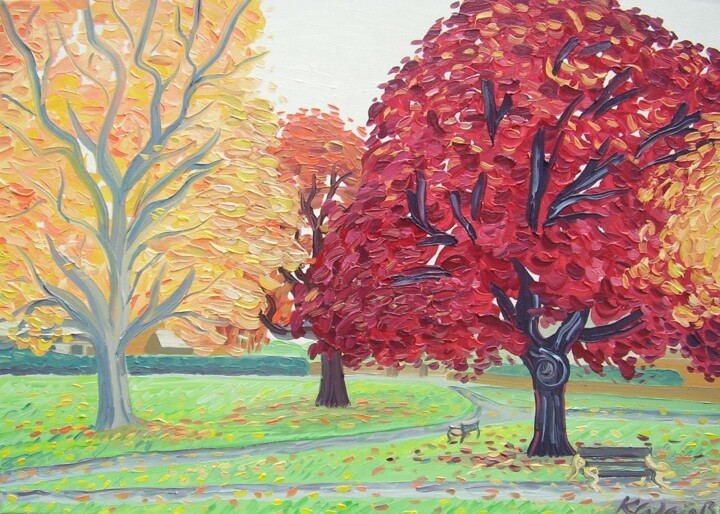 Autumn Trees Painting, 13.8x25.6 in