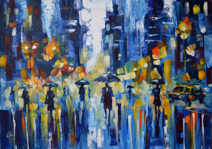 City Lights, Rainy Nights 绘画, 19.7x27.6 in