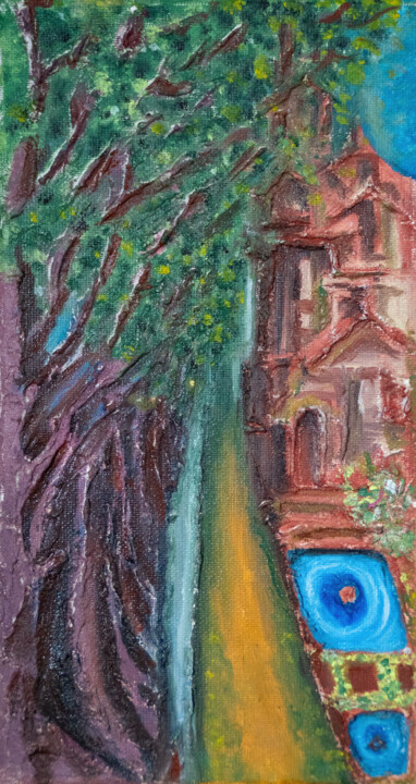 Pittura intitolato "Palace By Lake" da Jagath Wickramarachchi, Opera d'arte originale, Olio Montato su Pannello di legno