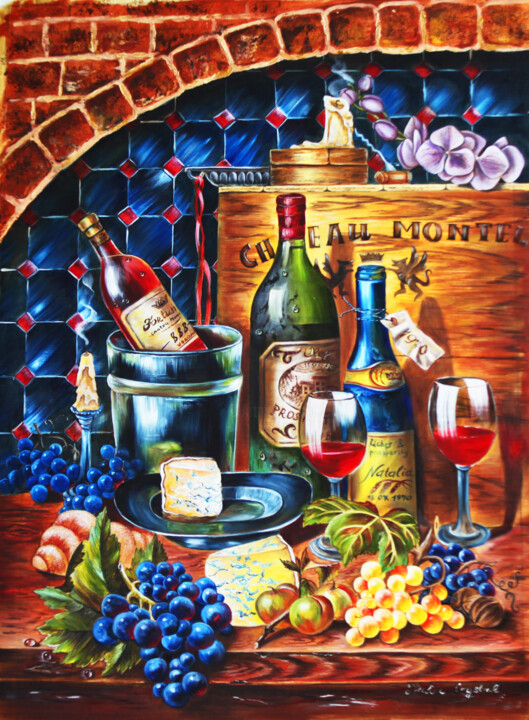 Large realistic still life with wine, cheese, grapes, flower 绘画, 27.6x19.7 in