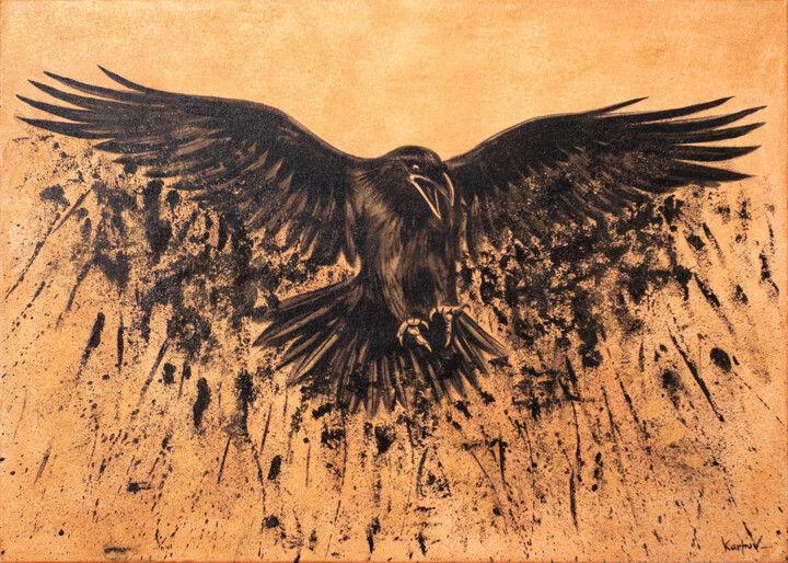 「Raven, black gold」というタイトルの絵画 Alexandr Karpovによって, オリジナルのアートワーク, アクリル ウッドストレッチャーフレームにマウント