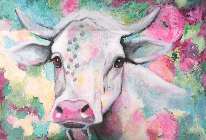 Peinture intitulée "Vache en fleurs" par Chant, Œuvre d'art originale, Acrylique
