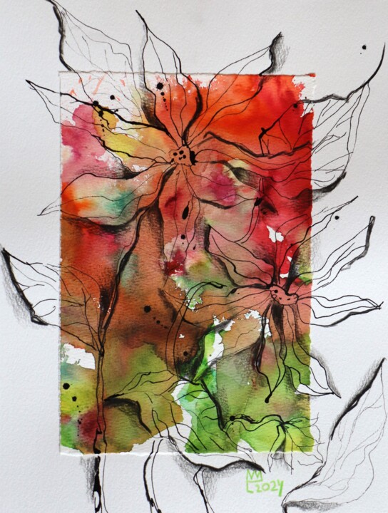 5 Expressive Blumen in rot-grün Painting, 11.9x9 in