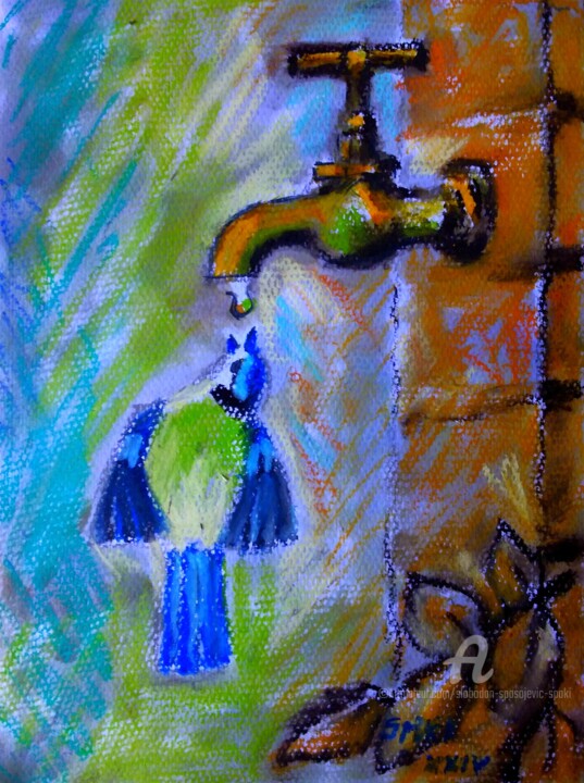 Oiseau et goutte d'eau 绘画, 11.8x7.9 in