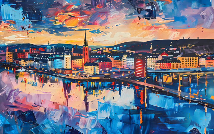 Colorful Stockholm Sweden cityscape. Sunset Art. Digital Arts