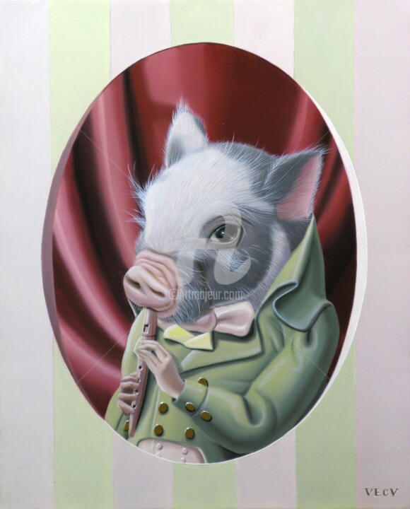 « Le petit cochon flutiste » 绘画, 10.6x8.7 in