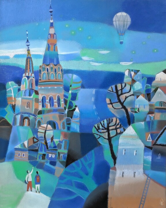 Blue landscape with airship 绘画, 19.7x15.8 in