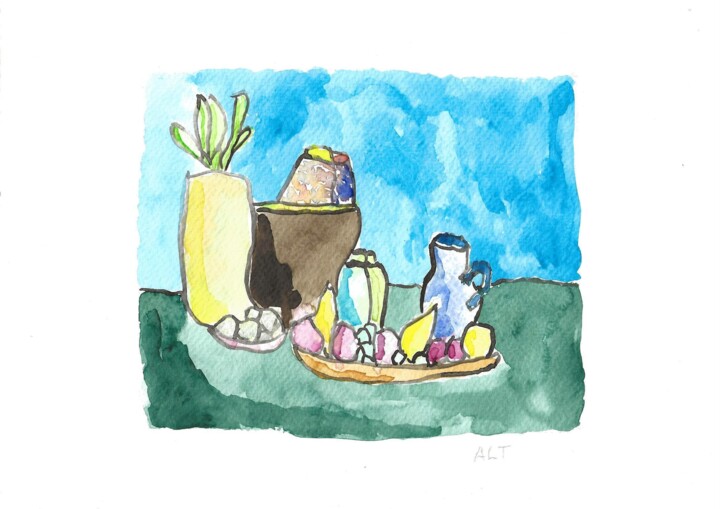 Des fruits, des vases, une fleur Pittura, 8,3x11,7 in