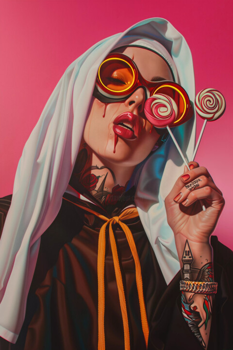 Arts numériques intitulée "Lollipop Nun - Limi…" par Archimede Art, Œuvre d'art originale, Image générée par l'IA