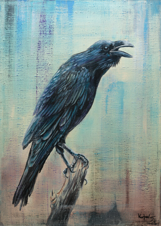 Raven on a branch 绘画, 27.6x19.7 in