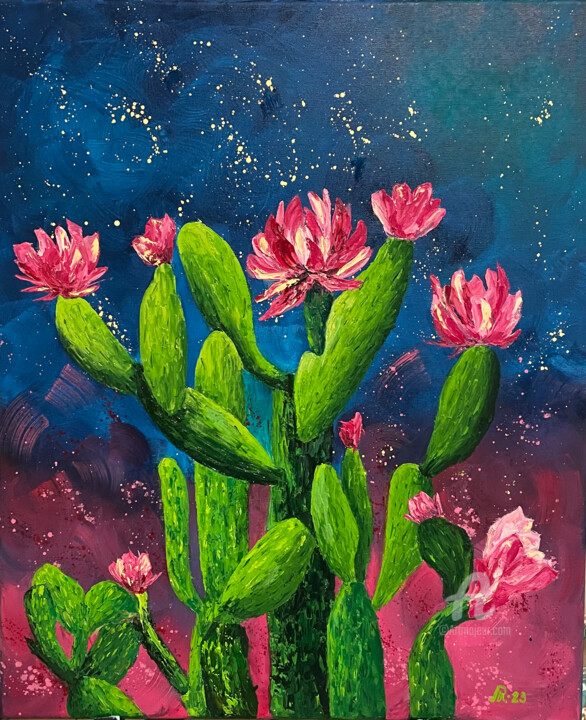 Painting titled "Сactus" by Liudmyla Riabkova, Original Artwork, Oil Mounted on Wood Stretcher frame