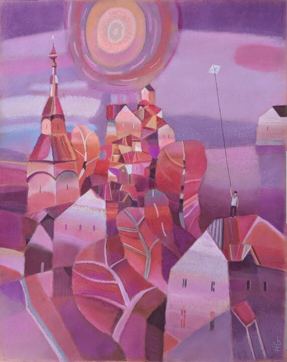 Kite over the rooftops/ city landscape 绘画, 19.7x15.8 in