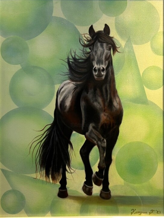 “Friesian mare , green” Painting, 31.5x23.6 in