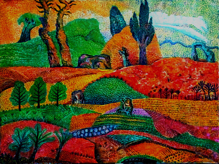 Painting titled "Зелёная гора" by Chuzhik, Original Artwork, Oil