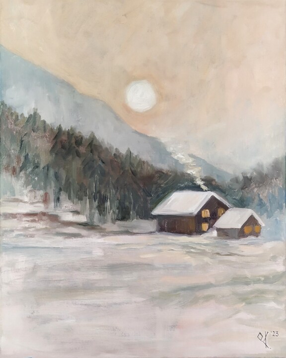 Painting titled "Snowy mountains of…" by Olena Kucher, Original Artwork, Oil Mounted on Wood Stretcher frame