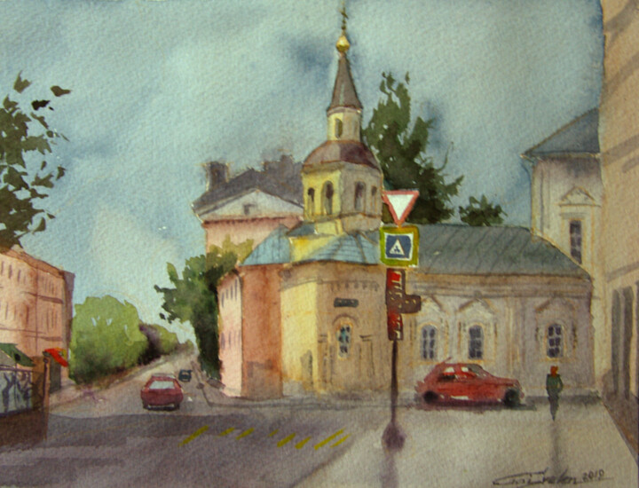Sretensky boulevard in summer Painting, 7.7x9.5 in