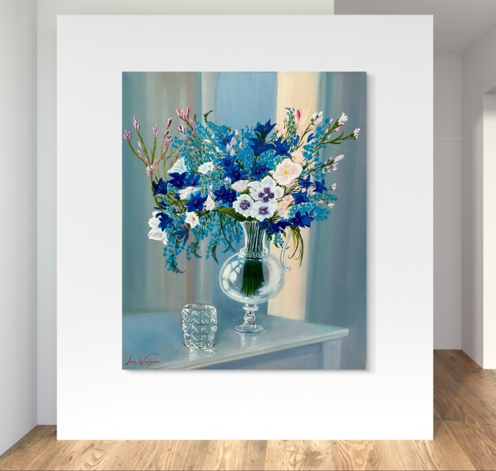 Flowers in a Glass Vase on a White Table. Tablo, 23,6x19,7 in