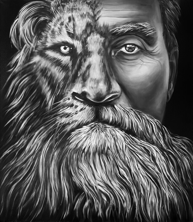 Портрет мужчины и льва / мужчина лев / Man lion portrait 绘画, 31.5x27.6 in