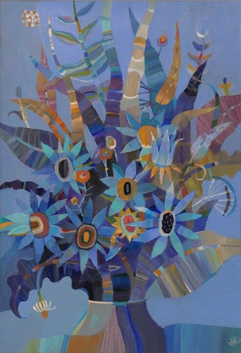 Blue bouquet/ blue flowers/blue still life/flowers in a vase 绘画, 11.8x8.3 in