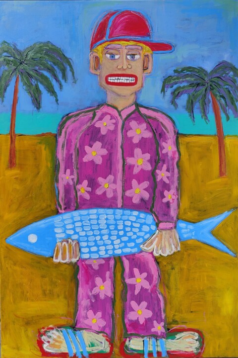 Figurative art man with the fish on the beach 绘画, 53.9x36.2 in