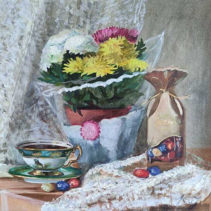 Original Birthday in the Spring (Flowers, Tea, Candies) Картина, 14,6x14,6 in