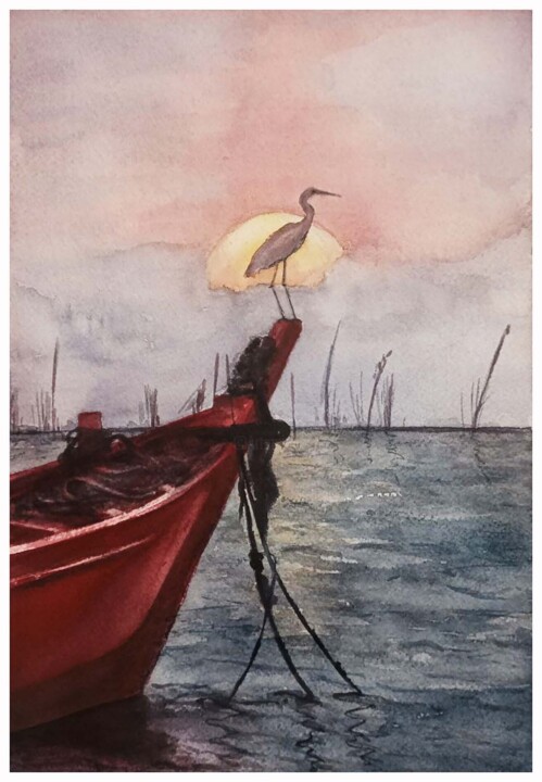 Heron at sunset 绘画, 11.7x8.3 in