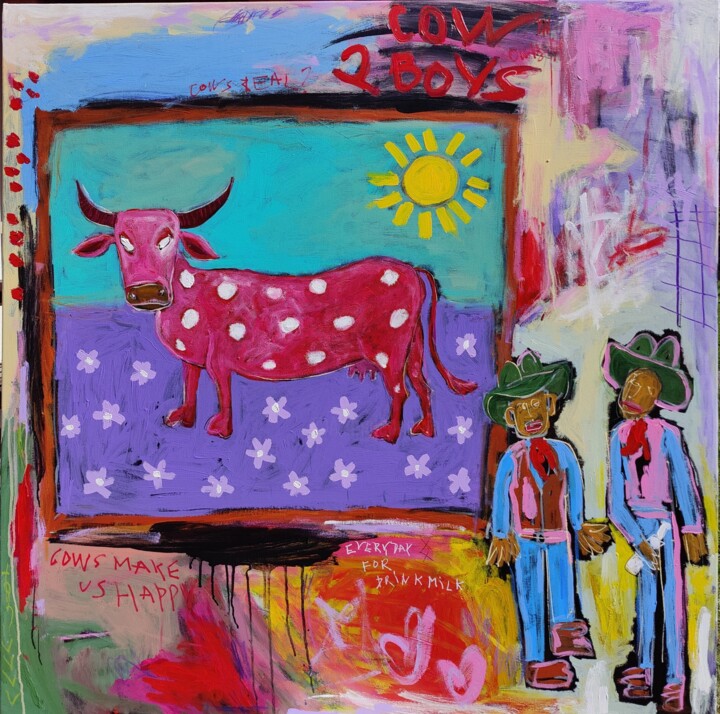 Cow and two cowboys 绘画, 46.1x46.1 in
