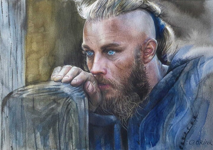 Pintura titulada "Vikings (Travis Fim…" por Olga Brink Art, Obra de arte original, Acuarela Montado en Cartulina
