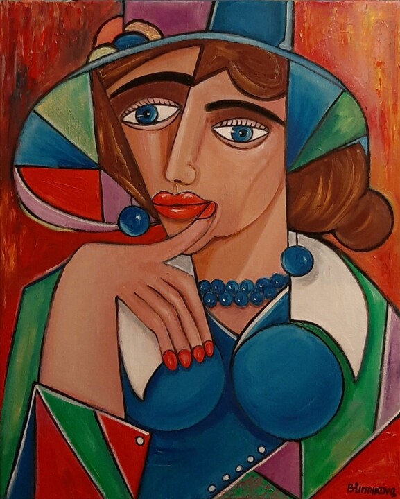 Mulher com brincos azul 绘画, 19.7x15.8 in