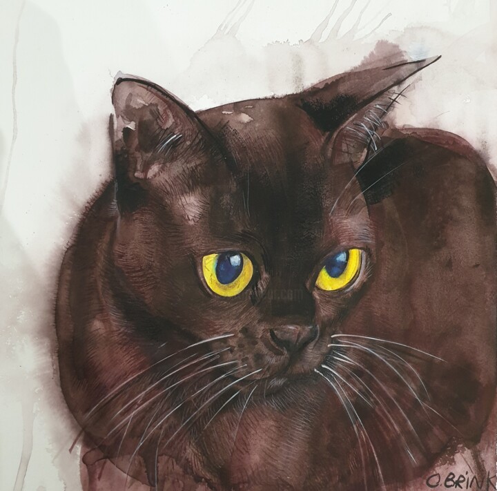 Painting titled "Burmese Cat" by Olga Brink Art, Original Artwork, Watercolor