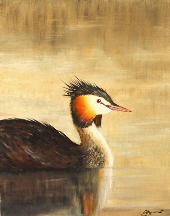 grèbe huppé -acrylique sur toile originale signée 绘画, 16.1x13 in