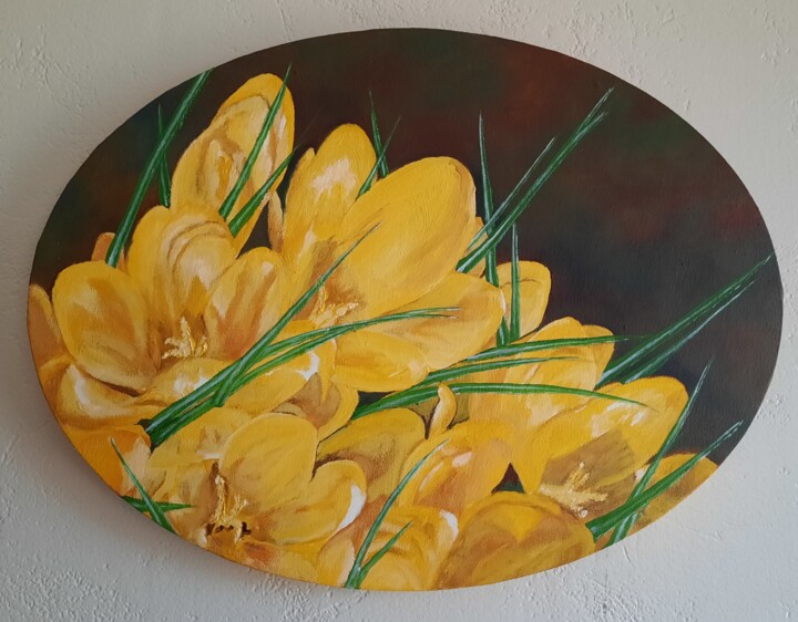 Peinture intitulée "Éclat de crocus." par Maryse Curinier-Rochette, Œuvre d'art originale, Huile Monté sur Châssis en bois