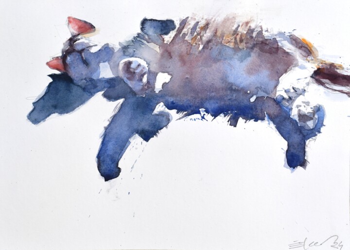 Painting titled "Lazy cat" by Goran Žigolić (watercolors), Original Artwork, Watercolor