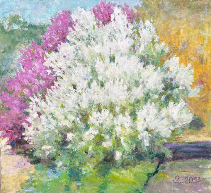 White and purple lilacs 绘画, 21.7x23.6 in