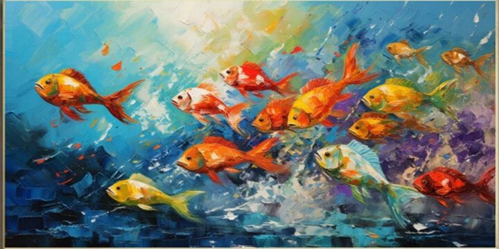 Swimming Fishes 1 绘画, 35.4x70.9 in