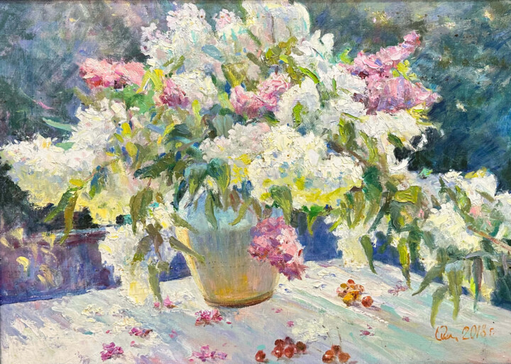 Malerei mit dem Titel "Still life lilacs" von Nikolai Chebotaru, Original-Kunstwerk, Öl