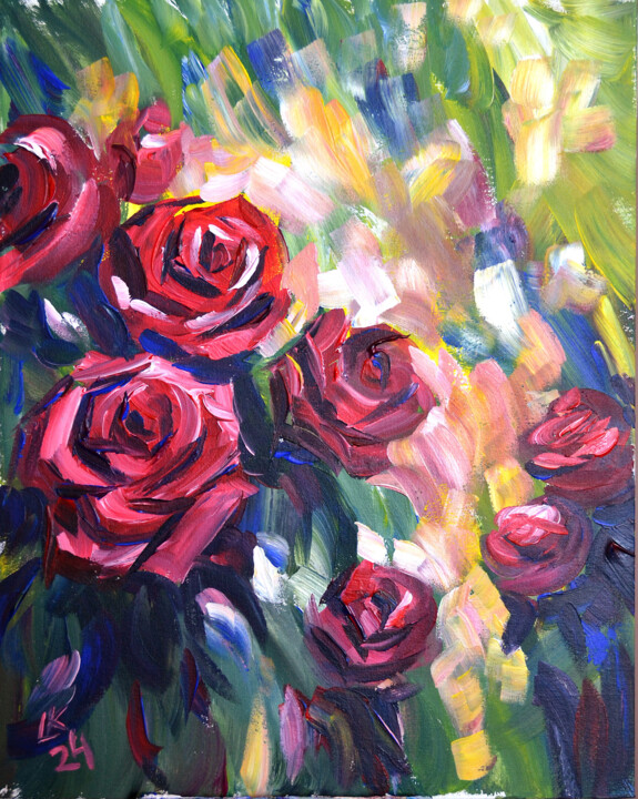 Luminous Whispers: The Dance of Crimson Roses 绘画, 19.7x15.8 in