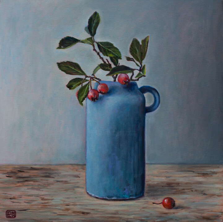 Blue Vase And Berries 绘画, 15.8x15.8 in