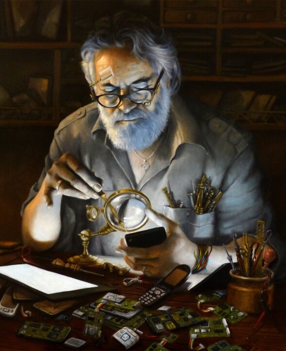 Painting titled "Le Dé-Programmateur…" by Efka, Original Artwork, Oil Mounted on Wood Stretcher frame