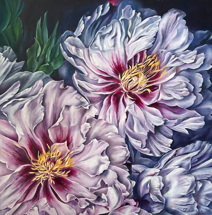 PEONIES IN THE NIGHT 绘画, 35.4x35.4 in