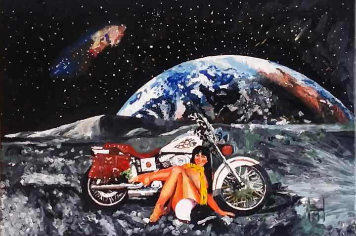 "Harley Ride On The Moon" 绘画, 15.8x23.6 in