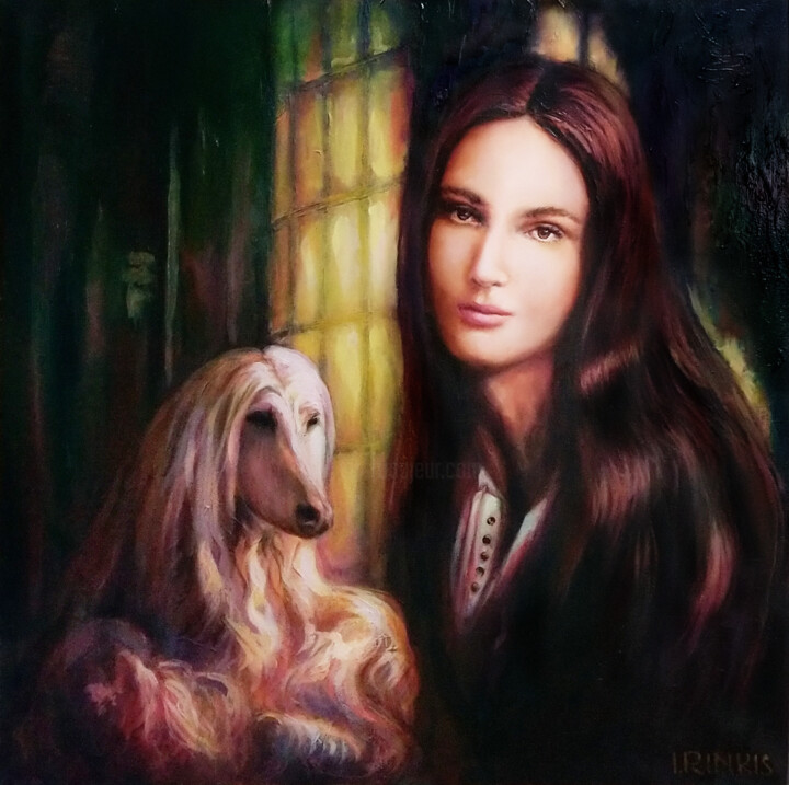 WOMAN WITH WIND DOG 绘画, 27.6x27.6 in