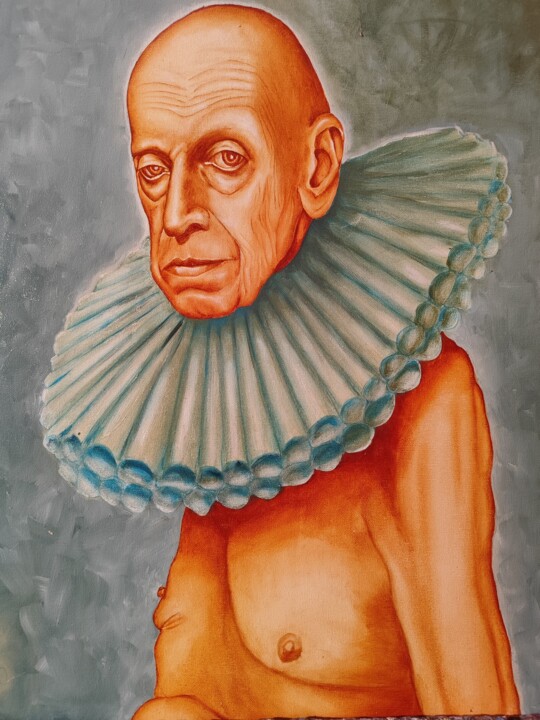Painting titled "Clown Grock. "Letzt…" by Marat Isakowitsch, Original Artwork, Oil Mounted on Wood Stretcher frame