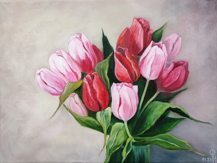 Pittura intitolato "LES TULIPES" da Irina Furaseva, Opera d'arte originale, Olio Montato su Telaio per barella in legno