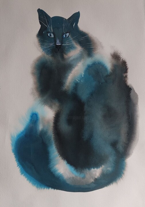 Original Сoncerned Blue Cat 绘画, 22.1x15 in