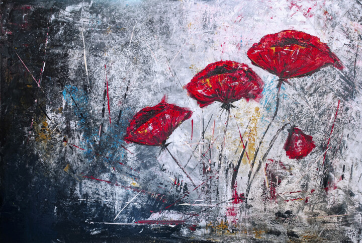 4 Mohnblumen modern gemalt - Blumenbild abstrakte Malerei 绘画, 31.5x47.2 in