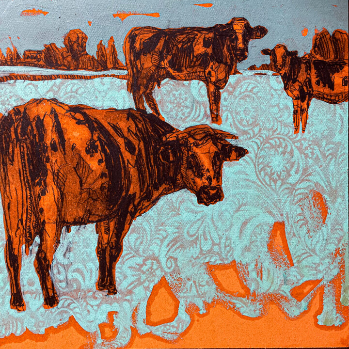 "Vaches de saison" no 6, Pascale Simon 绘画, 11.8x11.8 in